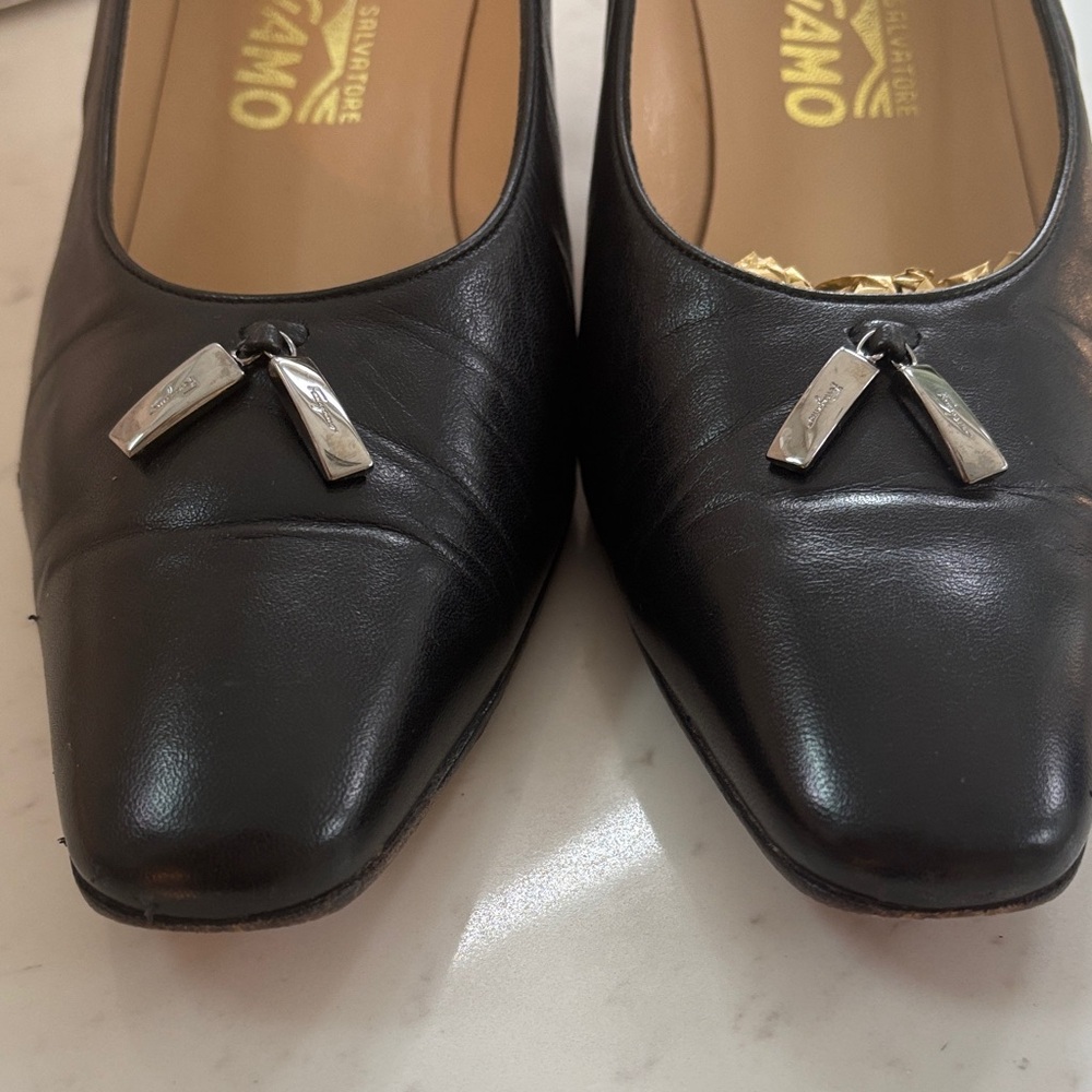 Salvatore Ferragamo Black Leather Heels with Silver Accents - Picture 6 of 6